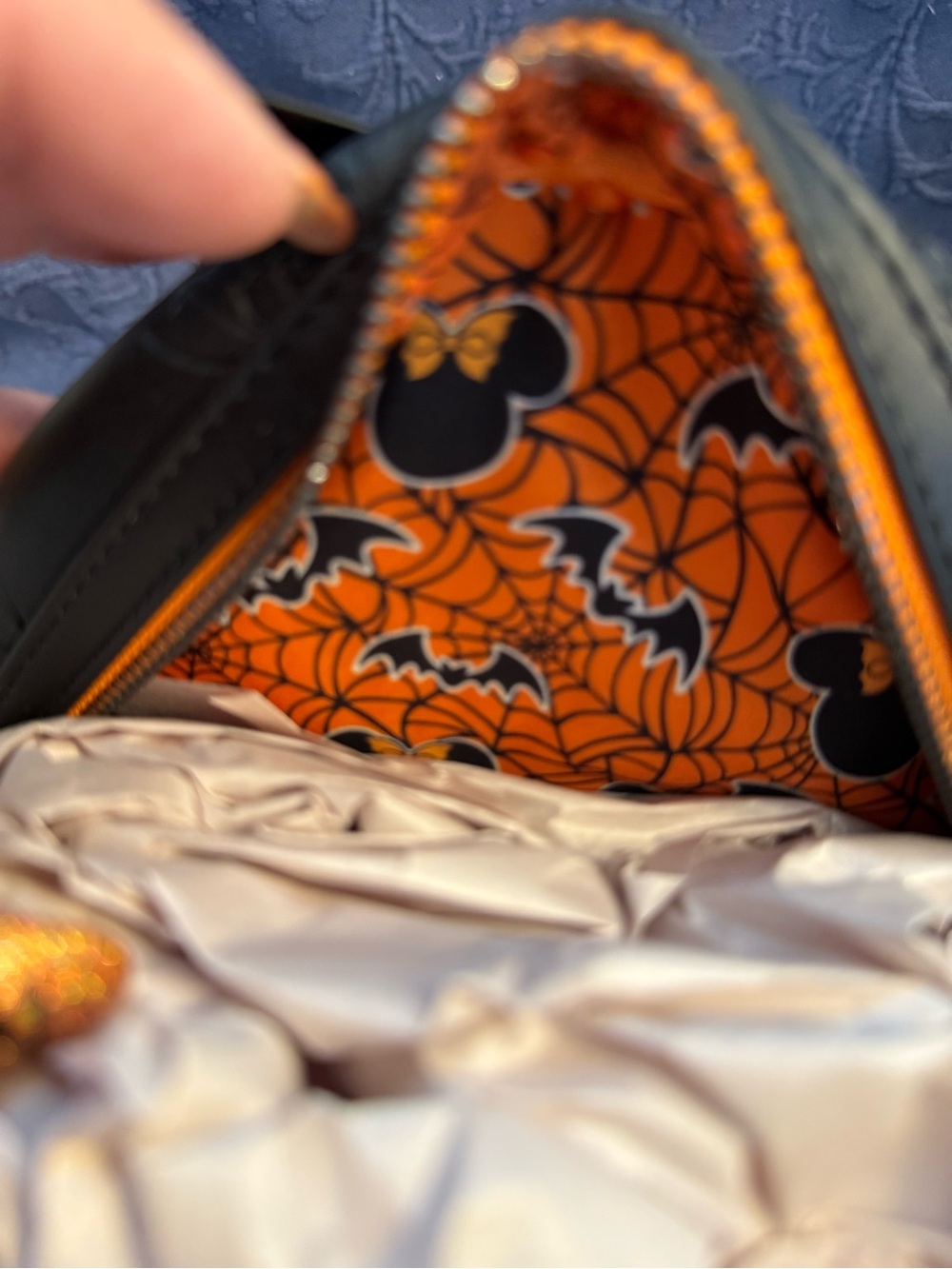 LOUNGEFLY Disney Orange Sequin Minnie Ear Backpack with Black Bow - Picture 6 of 6